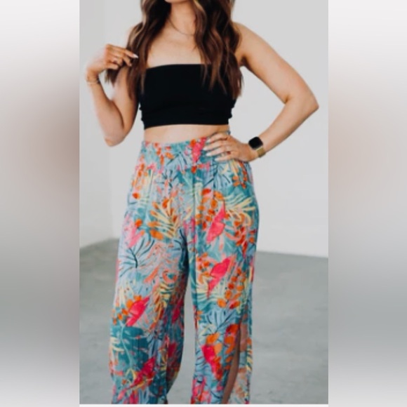 Lavender J Palazzo Pants Size Large Blue Pink Yellow Orange Tropical Print - Picture 1 of 11